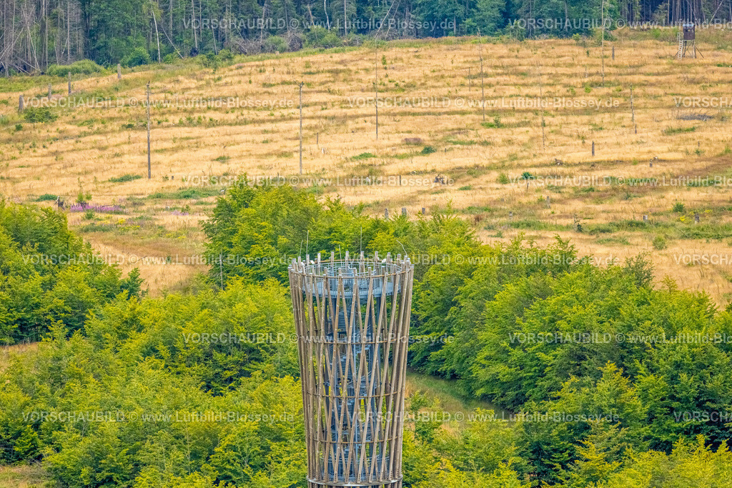 Warstein240713029LoermeckeTurm | Luftbild, Lörmecke-Turm, Aussichtsturm im Plackwald, Besucher Plattform, Wiesenfläche, Warstein, Sauerland, Nordrhein-Westfalen, Deutschland