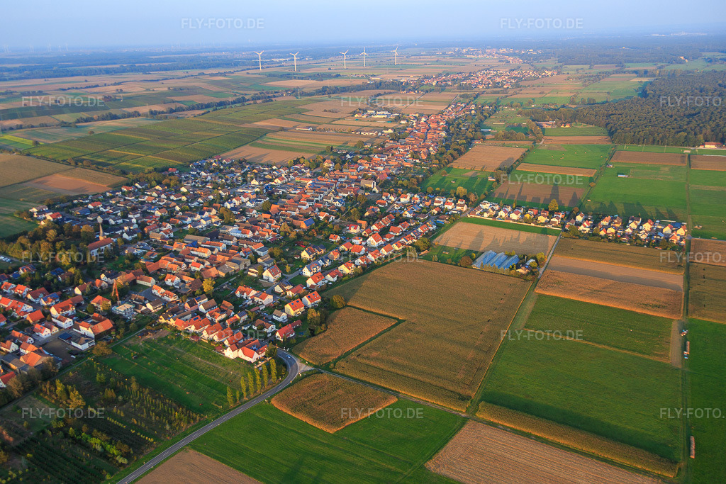 Luftbild: Dorfübersicht aus Westen in Freckenfeld im Bundesland Rheinland-Pfalz in Deutschland. Foto: IMG_074037.jpg vom 03.10.2014 durch Werner Riehm/FLY-FOTO.de