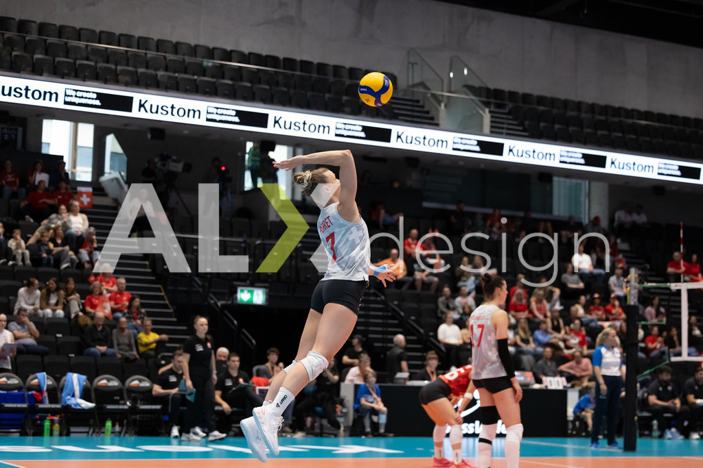 Georgia v Switzerland - CEV European League Women | KRIENS, SWITZERLAND - JUNE 12: MÉLINE PIERRET of Switzerland serve during the CEV European League match between Georgia and Switzerland at Pilatus Arena on June 12, 2026 in Kriens, Switzerland. - Realisiert mit Pictrs.com