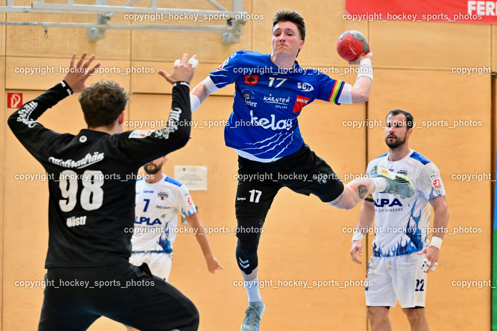 SC Ferlach vs. ALPA HC Hard | #98 MÖSTL Constantin HC Hard, #17 PAVLOV Hari SC Ferlach, #22 BABIC Dejan HC Hard, SC Ferlach vs. ALPA HC Hard, SC Ferlach vs. ALPA HC Hard am 30.04.2024 in Ferlach (Ballspielhalle Ferlach), Austria, (Photo by Bernd Stefan)