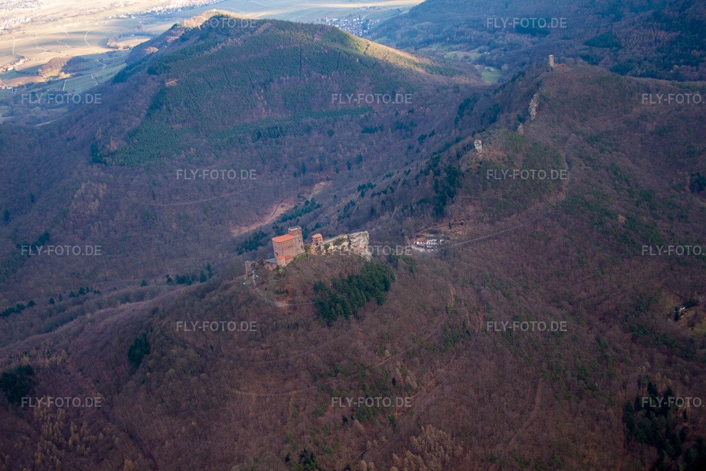 Luftbild: Die 3 Burgen Trifels, Anebos und Münz im Ortsteil Bindersbach in Annweiler im Bundesland Rheinland-Pfalz in Deutschland. Foto: IMG_62128.jpg vom 23.02.2014 durch Werner Riehm/FLY-FOTO.de