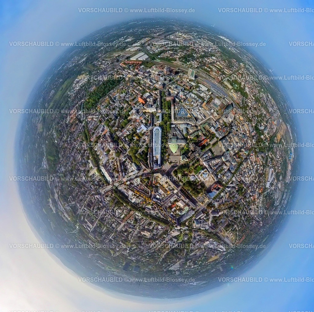 Dortmund231090053HoherWallZentrum | Luftbild, Ortsansicht City Dortmund mit Hoher Wall und Hauptbahnhof, Erdkugel, Fisheye Aufnahme, Fischaugen Aufnahme, 360 Grad Aufnahme, tiny world, City, Dortmund, Ruhrgebiet, Nordrhein-Westfalen, Deutschland