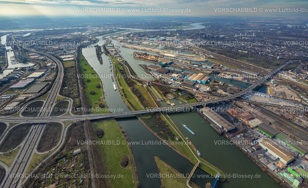 Duisburg240304224 | Luftbild, Duisport - Duisburger Hafen, Fluss Ruhr und Autobahn A59 und A40 Kreuz Duisburg mit Berliner Brücke, Mittelmeiderich, Duisburg, Ruhrgebiet, Nordrhein-Westfalen, Deutschland, Duisburg-N