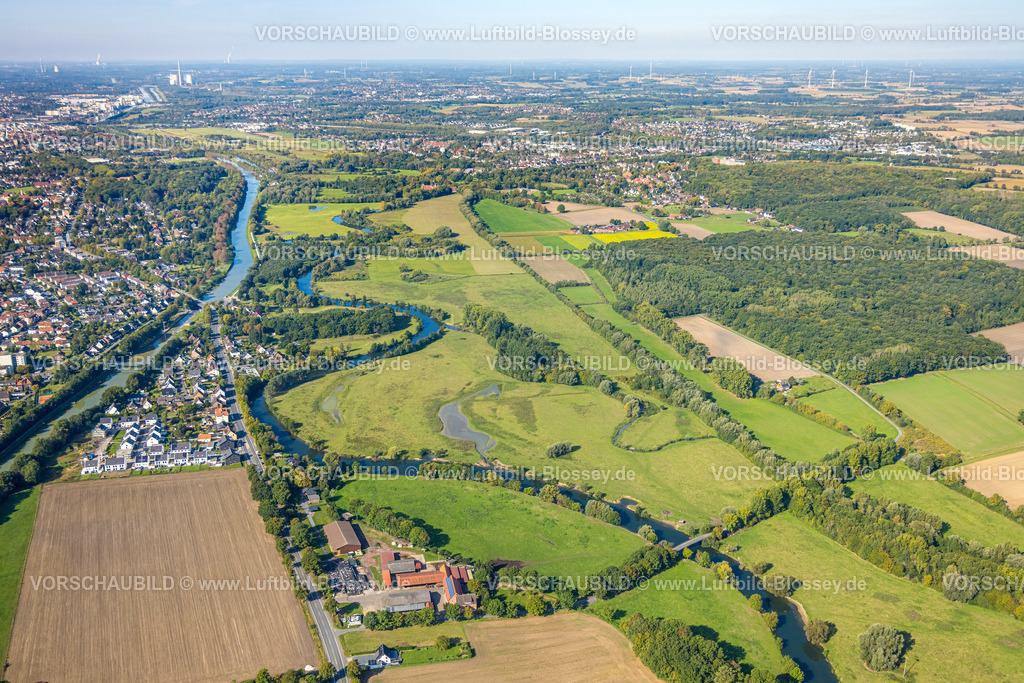 Hamm250901169 | Luftbild, Neubau Wohngebiet Friedrichsfeld und Im Fuchswinkel, Fluss Lippe Flussmäander und Datteln-Hamm-Kanal, Blick zum Ortsteil Heessen mit Fernsicht, Uentrop, Hamm, Ruhrgebiet, Nordrhein-Westfalen, Deutschland