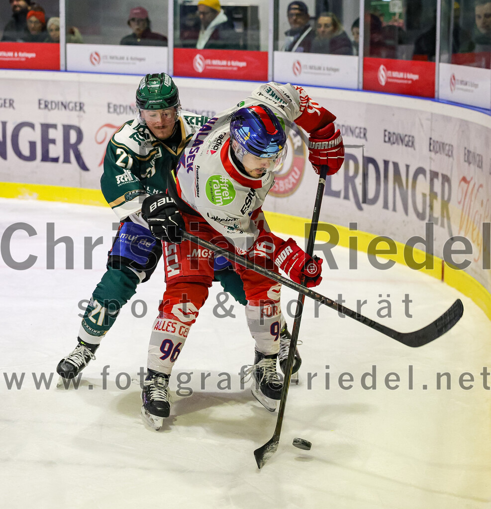 2025-11-16_092_TSV_Erding_gegen_Selber_Woelfe | Erding, Deutschland, 16.11.2025:Eishockey, Oberliga Süd 2025 / 2026, 17. Spieltag, TSV Erding gegen Selber Wölfe, Endergebnis: 3:1Erik Modlmayr (Erding Gladiators, #21), Lukas Valasek (Selber Wölfe, #96)Foto: Christian Riedel / fotografie-riedel.net