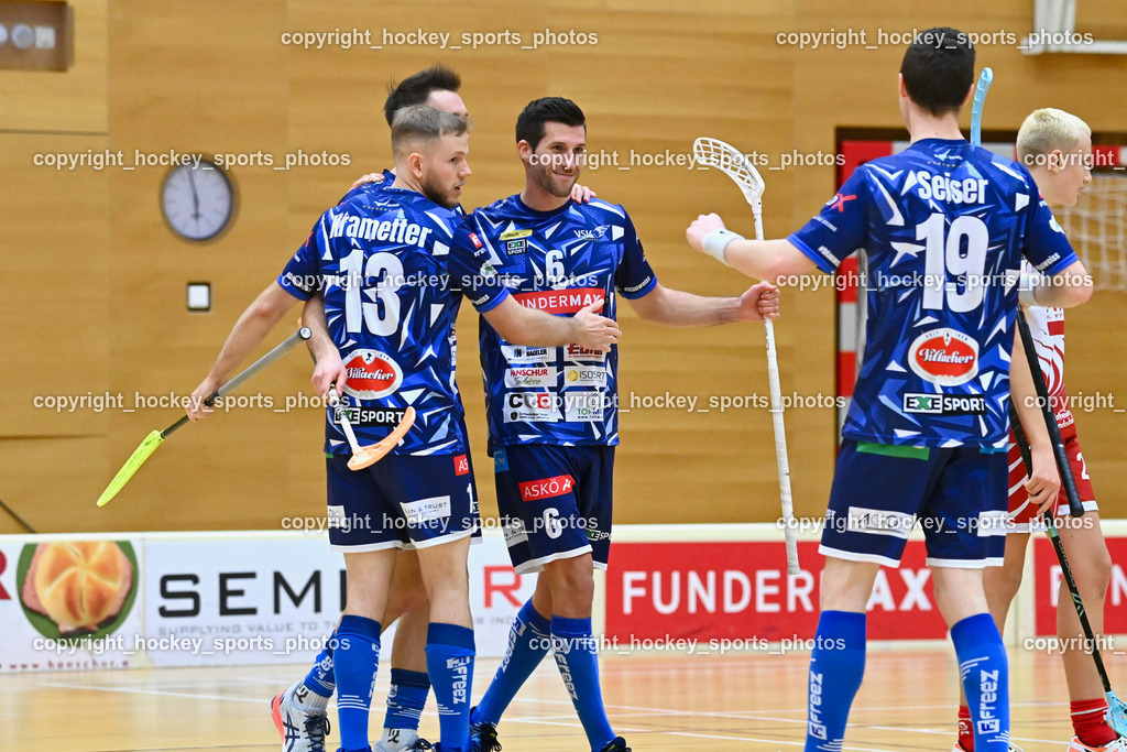 VSV Unihockey vs. KAC Floorball 4.2.2023 | Jubel VSV Unihockey Mannschaft, #13 Martin Krametter, #6 Timo Schmid, #19 Philipp Seiser
