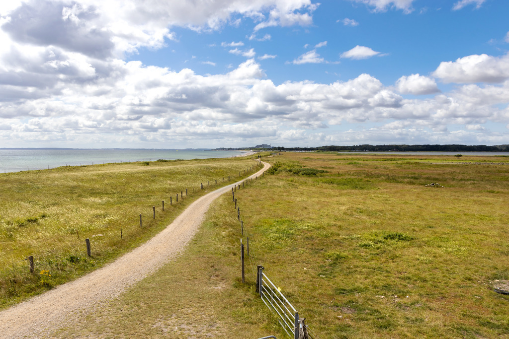 Akustikbild: Spazierweg am Meer | Dieses Akustikbild im Querformat zeigt einen wunderschönen Wanderweg direkt am Meer. Das Bild wurde von einem leicht erhöhten Aussichtspunkt aus aufgenommen. Am blauen Himmel befinden sich helle Wolken.  - Realisiert mit Pictrs.com
