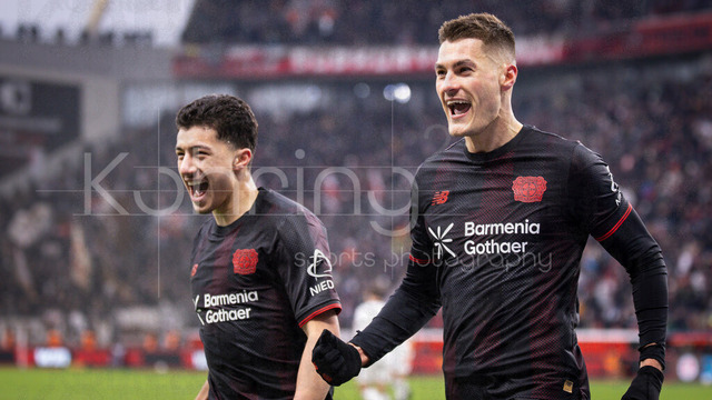 Bayer 04 Leverkusen vs. FC St. Pauli, 14.02.2026 | LEVERKUSEN, GERMANY - FEBRUARY 14:  Patrik Schick (Bayer 04 Leverkusen, 14) celebrates scoring his team's second goal with teammate Ibrahim Maza (Bayer 04 Leverkusen, 30) during the Bundesliga match (gameday 22)  between Bayer 04 Leverkusen vs. FC St. Pauli at BayArena on February 14, 2026 in Leverkusen, Germany. (Photo by Axel Kohring/Beautiful Sports Int.)DFL REGULATIONS PROHIBIT ANY USE OF PHOTOGRAPHS AS IMAGE SEQUENCES AND/OR QUASI-VIDEO.