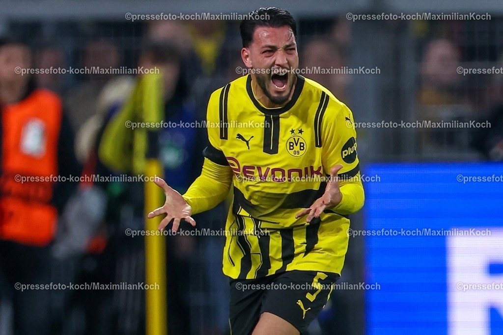 UCL1504251195 | 15.04.2025, Fußball, UEFA Champions League, Borussia Dortmund - FC Barcelona, BVB Stadion, Viertelfinale, Saison 2024 2025: Ramy Bensebaini (BVB #5) verärgert gestikulierend wütendRegulations prohibit any use of photographs as image sequences and or quasi-video.