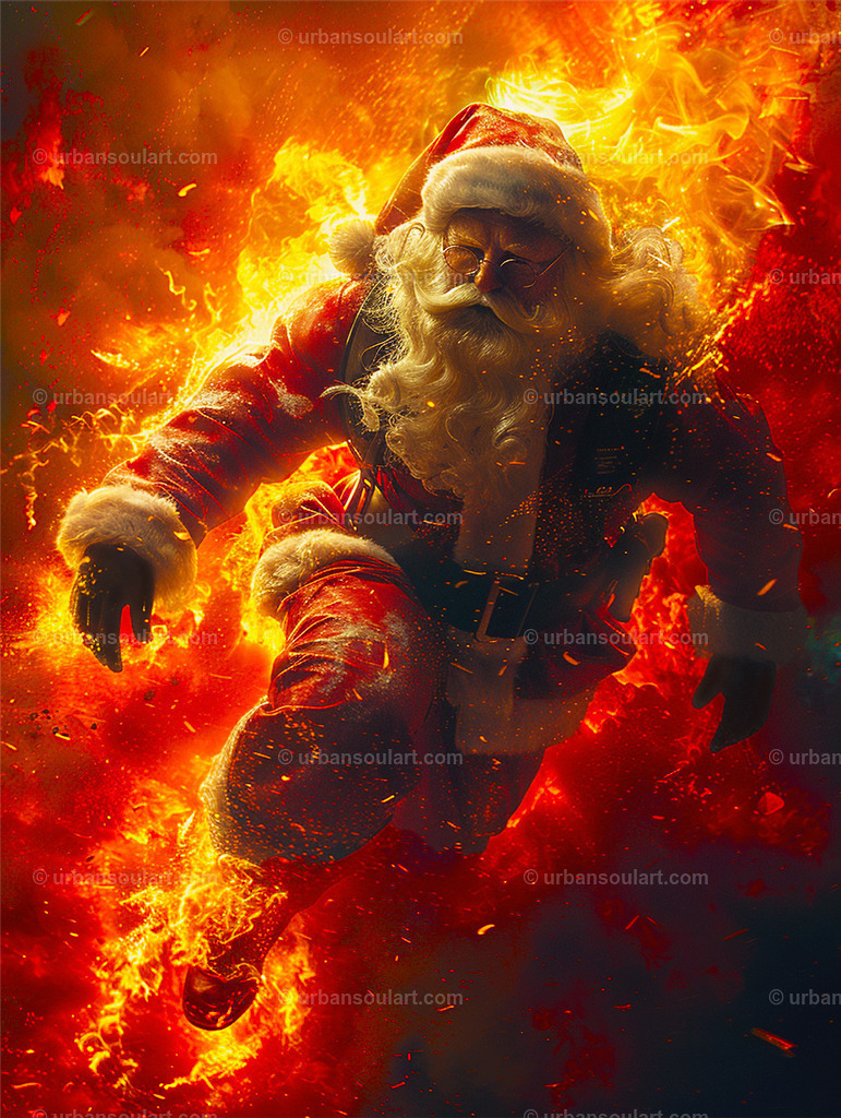 Santa On Fire | Santa Claus as you've never seen him before—dashing through flames in this dynamic and fiery portrayal. This bold, unconventional holiday art is perfect for adding an edgy twist to your seasonal decor, capturing the intense energy and spirit of Santa in action. - Realisiert mit Pictrs.com