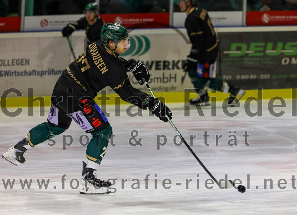 2025-12-28_008_TSV_Erding_gegen_onesto_Tigers_Bayreuth | Erding, Deutschland, 28.12.2025:Eishockey, Oberliga Süd 2025 / 2026, 31. Spieltag, TSV Erding gegen onesto Tigers Bayreuth, Endergebnis: 6:5 n.V.Mark Waldhausen (Erding Gladiators, #27)Foto: Christian Riedel / fotografie-riedel.net