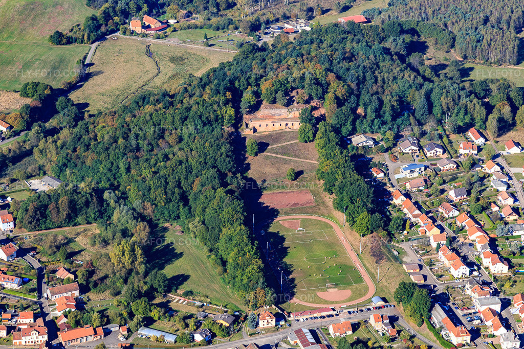 Aerial view: Fort Saint Sebastien and Stade de Bitche in Bitsch in the state Moselle, France. – Photo: IMG_095165.jpg taken on 10/16/2016 by Werner Riehm/FLY-FOTO.com – Resolution of the original: 5472 x 3648 px