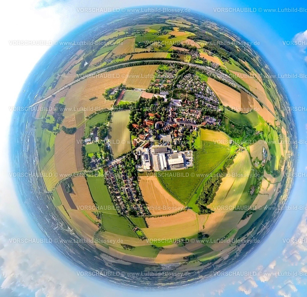 Beckum2308910338 Vellern-topaz | Luftbild, Ortsansicht und Autobahn A2 Raststätte Vellern, Erdkugel, Fisheye Aufnahme, Fischaugen Aufnahme, 360 Grad Aufnahme, tiny world, Vellern, Beckum, v