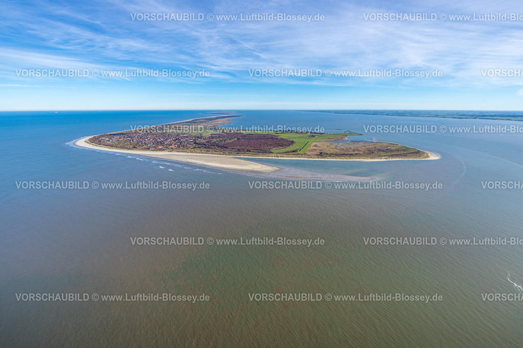 Wittmund251105361Langeoog | Luftbild, Weitblick Gesamtansicht Ostfriesische Insel Langeoog mit Hafen und Nordsee, Ruhezone Flinthorn, Wohngebiet und Inselwäldchen, Nordsee und blauer Himmel mit Horizont, Langeoog, Norddeutschland, Ostfriesland, Niedersachsen, Deutschland