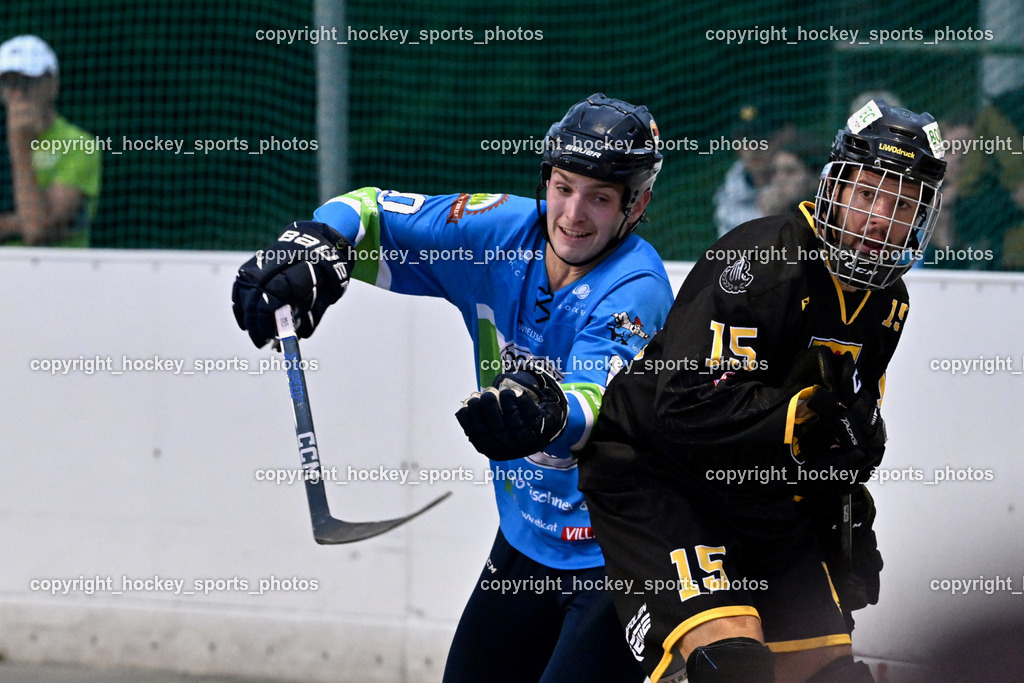 ASKÖ Hockey Villach vs. VAS Ballhockey  | #10 RASPOTNIG Julian ASKÖ Villach Hockey, #15 Kronig Daniel VAS Villach, ASKÖ Hockey Villach vs. VAS Ballhockey , ASKÖ Hockey Villach vs. VAS Ballhockey  am 06.07.2025 in Villach (Alpen Arena ), Austria, (Photo by Bernd Stefan)