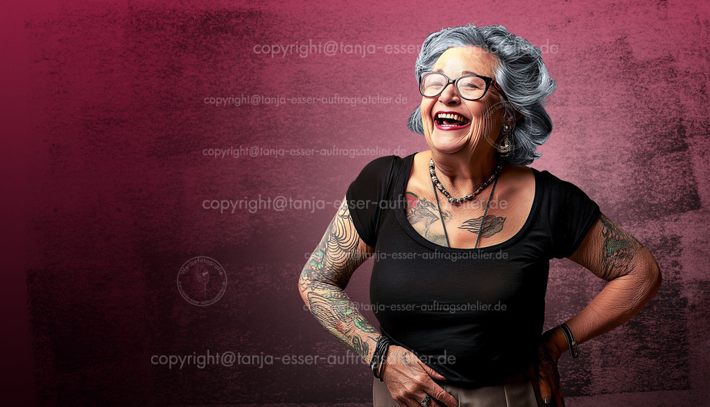 70 jaehrige taetowierte Frau isoliert pinker Hintergrund D | Fotorealistisches KI Bild zeigt: Schöne 70 Jahre alte Frau tanzt fröhlich. Copy Space. 