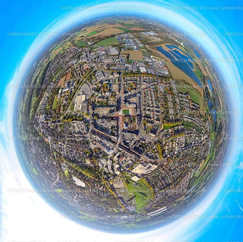 Kamp-Lintfort20221006_1city5 | Luftbild, City Innenstadtansicht, Kieswerk Baggersee, Fisheye Aufnahme, Fischaugen Aufnahme, 360 Grad Aufnahme, Kamperbruch, Kamp-Lintfort, Fisheyeaufnahme, Ruhrgebiet, Nordrhein-Westfalen, Deutschland
