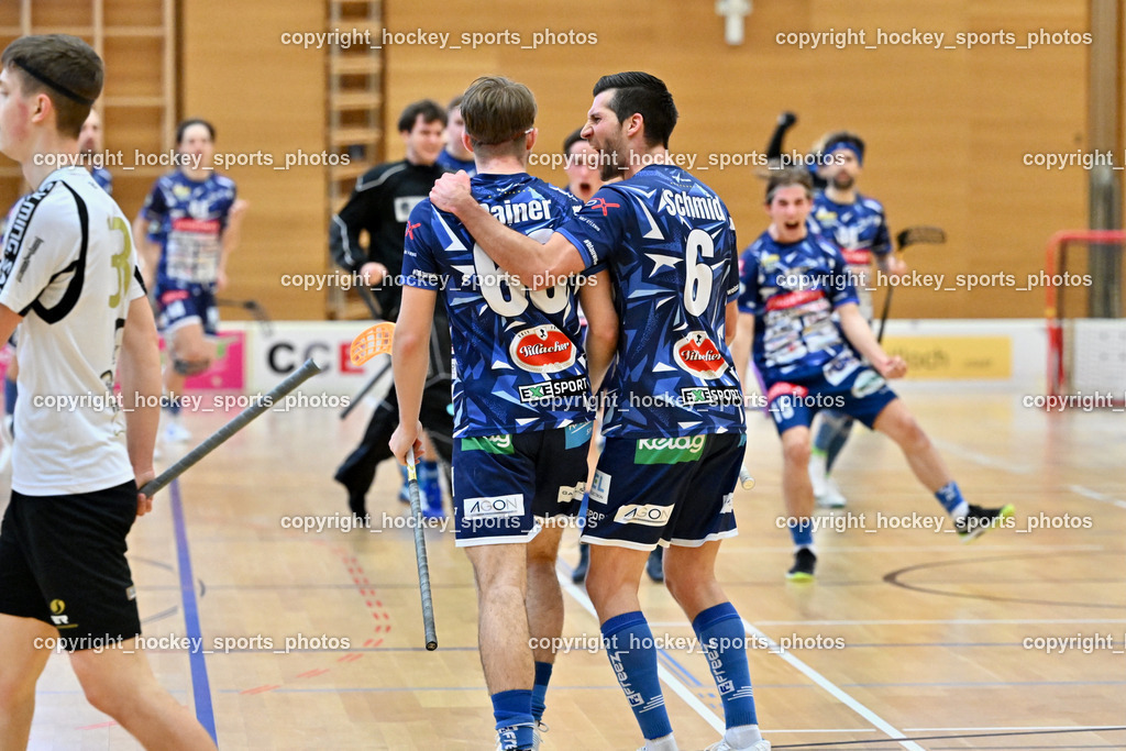 FBK Loka vs. VSV Unihockey | Jubel VSV Unihockey Mannschaft, #66 Jakob Rainer VSV Unihockey, #6 Timo Schmid VSV Unihockey, FBK Loka vs. VSV Unihockey, FBK Loka vs. VSV Unihockey am 23.03.2025 in Villach (Ballspielhalle St. Martin), Austria, (Photo by Bernd Stefan)