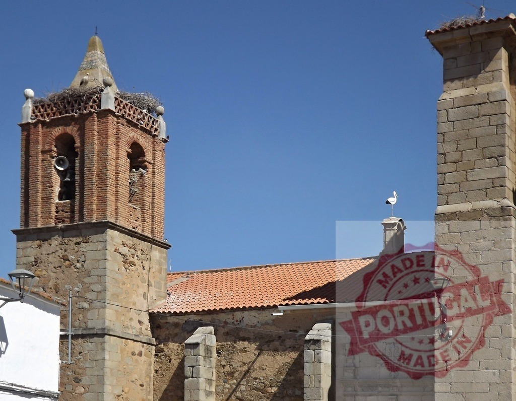 Storks nesting on old brick bell tower and roof. Spain - Extremadura | Storks nesting on church structures under a clear blue sky - Realized with Pictrs.com