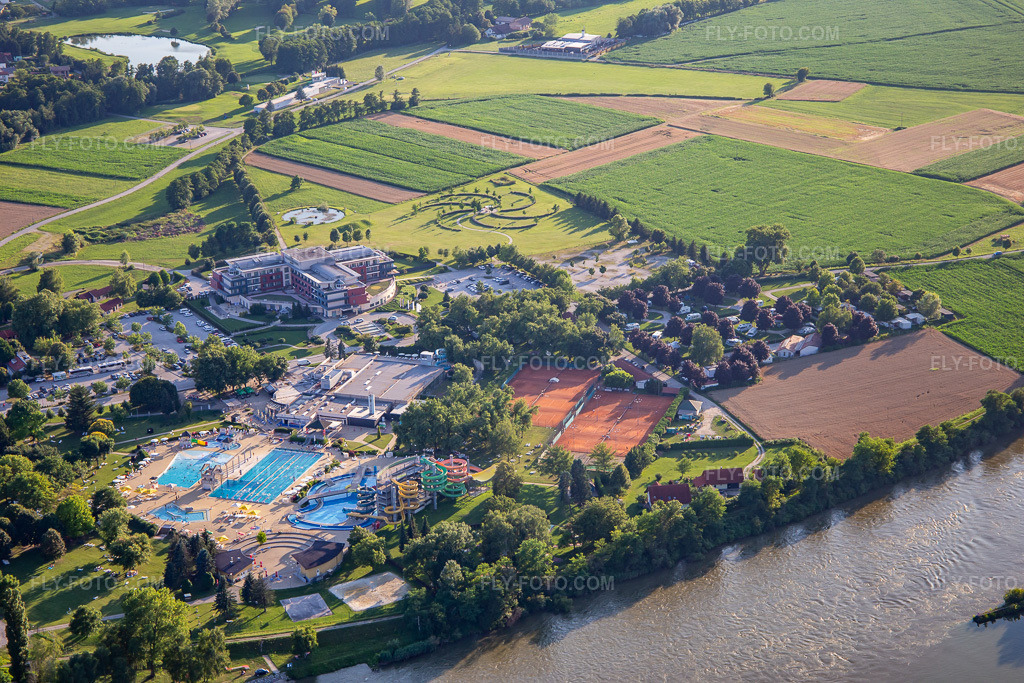 Aerial view: Terms Ptuj - Sava Hotels & Resorts in Ptuj in the state Slovenia, Slovenia. – Photo: IMG_137326.jpg taken on 07/08/2023 by Werner Riehm/FLY-FOTO.com – Resolution of the original: 5472 x 3648 px – Sava Hotels & Resorts - Bled, Portorož, Radenci, Moravske Toplice, Ptuj
