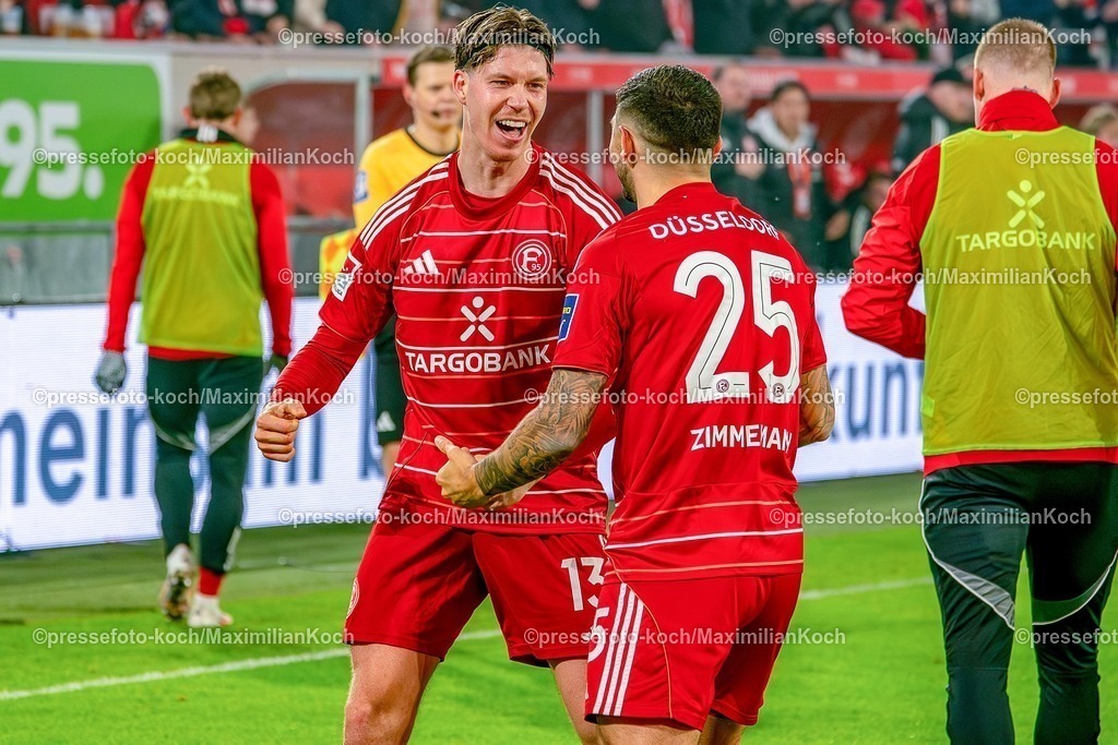 xKKUx16012601071 | 16.01.2026, xkkux, Fußball, Fortuna Düsseldorf - Arminia Bielefeld, 2. Fußball Bundesliga, Merkur Spiel-Arena, Saison 2025 2026: Torjubel nach dem Tor zum 1:0 durch Torschütze Cedric Itten (Fortuna Düsseldorf #13) zusammen mit  Matthias Zimmermann (Fortuna Düsseldorf #25) DFB regulations prohibit any use of photographs as image sequences and or quasi-video.