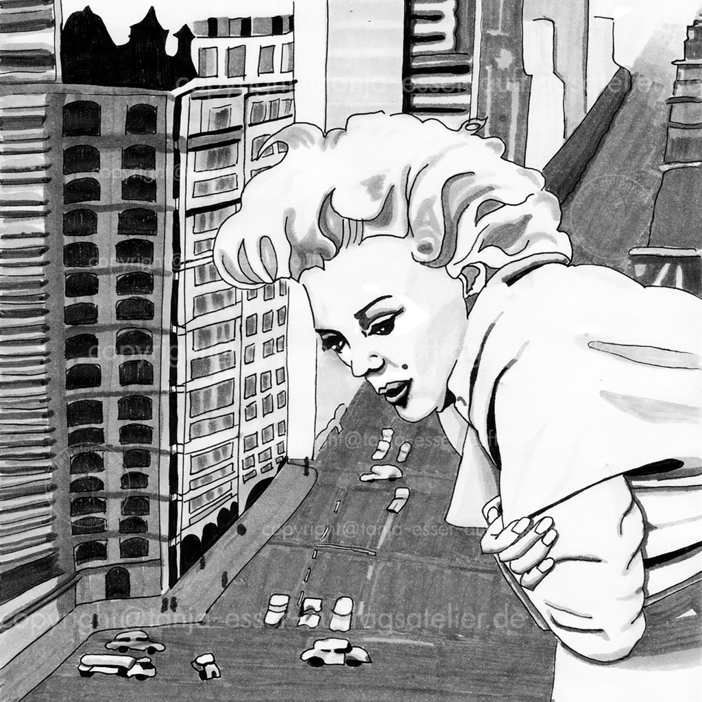 Hollywood | Eine Frau mit blonden Haaren und einem Leberfleck am Mund lehnt sich aus dem Fenster eines Hochhauses im Amerika der 50er Jahre und genießt die Aussicht. Mit grauen Markern gezeichnete Illustration auf weißem Papier.
