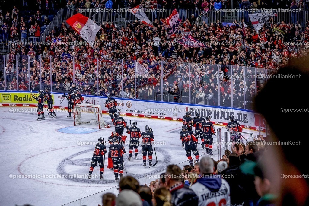 Koe30122401073 | 30.12.2024, Eishockey, Penny DEL, Kölner Haie - Löwen Frankfurt, Spieltag 32, Lanxess-Arena Köln: Abschlussjubel nach dem 3:2 Sieg nach Penaltyschießen. Die Mannschaft steht jubelnd auf dem Eis und bedankt sich bei den fans