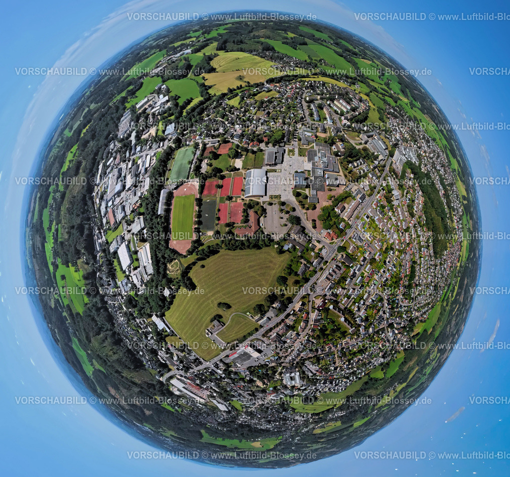 Kierspe250813142a | Luftbild, Sportpark Kierspe und Gesamtschule, Erdkugel, Fisheye Aufnahme, Fischaugen Aufnahme, 360 Grad Aufnahme, tiny world, little planet, fisheye Bild, Höferhof, Kierspe, Sauerland, Nordrhein-Westfalen, Deutschland