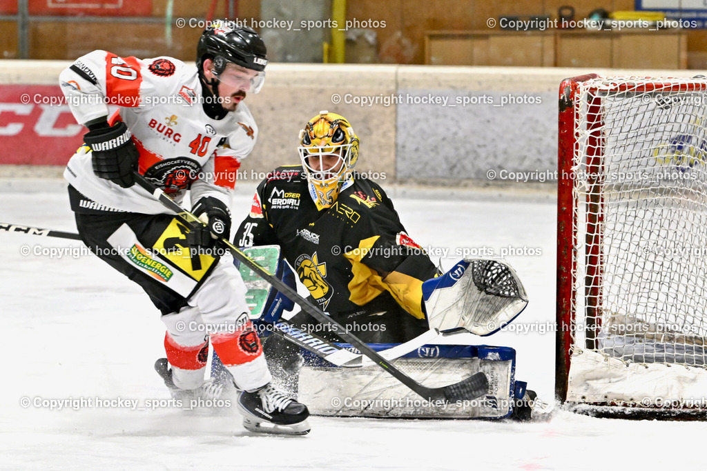 EC MET PHOTOVOLTAIK HORNETS SPITTAL vs. EV ZELTWEG MURTAL LIONS | #40 Forcher Andreas EV ZELTWEG MURTAL LIONS, #35 Egger Luca EC Hornets Spittal, EC MET PHOTOVOLTAIK HORNETS SPITTAL vs. EV ZELTWEG MURTAL LIONS, EC MET PHOTOVOLTAIK HORNETS SPITTAL vs. EV ZELTWEG MURTAL LIONS am 08.02.2026 in Spittal an der Drau (Eissportzentrum Spittal), Austria, (Photo by Bernd Stefan)