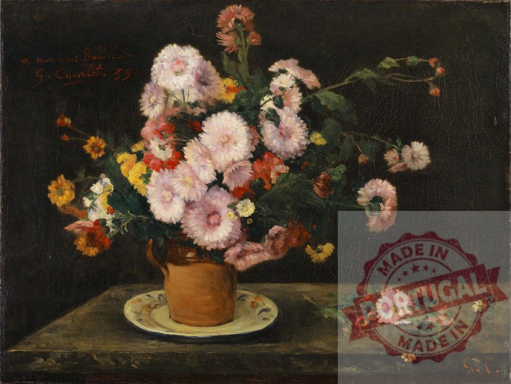 Gustave Courbet Gustave Courbet floral still life painting chrysanthemums still life | Floral bouquet displaying autumn chrysanthemums in a vase on a rustic table - Realisiert mit Pictrs.com