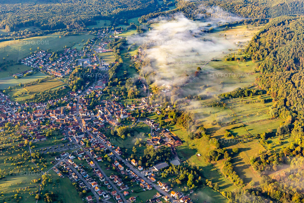 Aerial view: Rue de Bitche in Lembach in the state Bas-Rhin, France.Photo: IMG_138848.jpg taken on 09/24/2023 by Werner Riehm/FLY-FOTO.comResolution of the original: 5162 x 3441 px