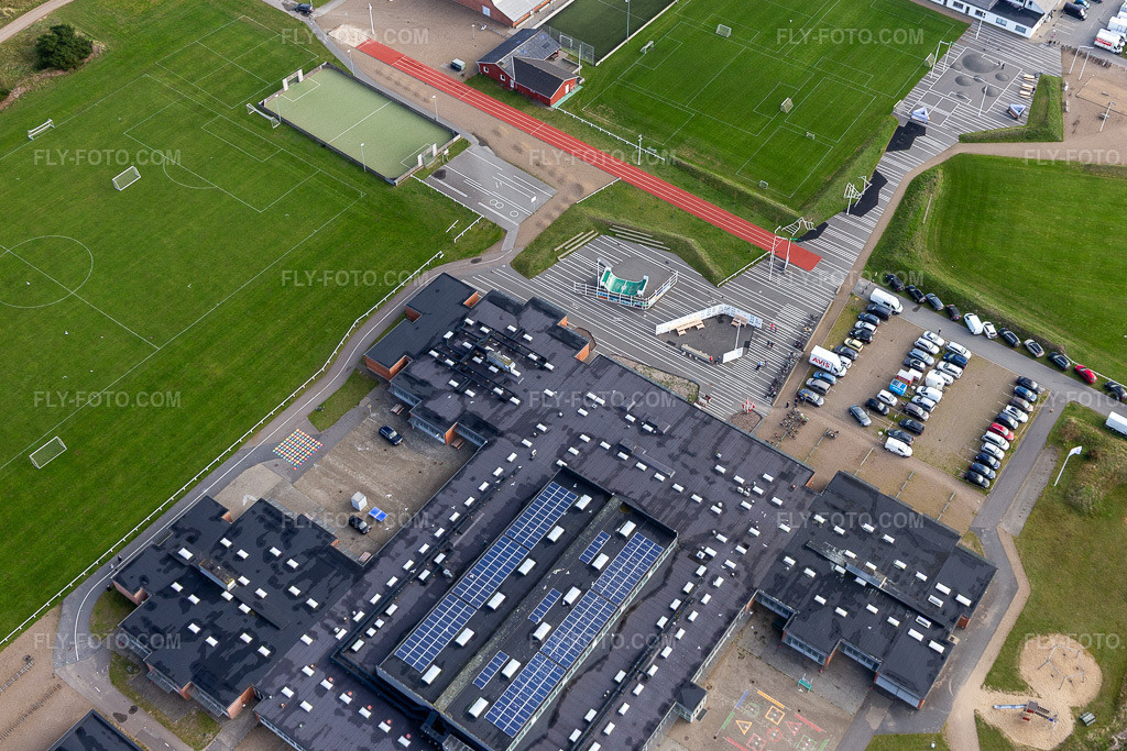 Aerial view: School and library in the district Nordby in Fanø in the state South Denmark, Denmark.Photo: IMG_118553.jpg taken on 09/21/2019 by Werner Riehm/FLY-FOTO.comResolution of the original: 4679 x 3119 px