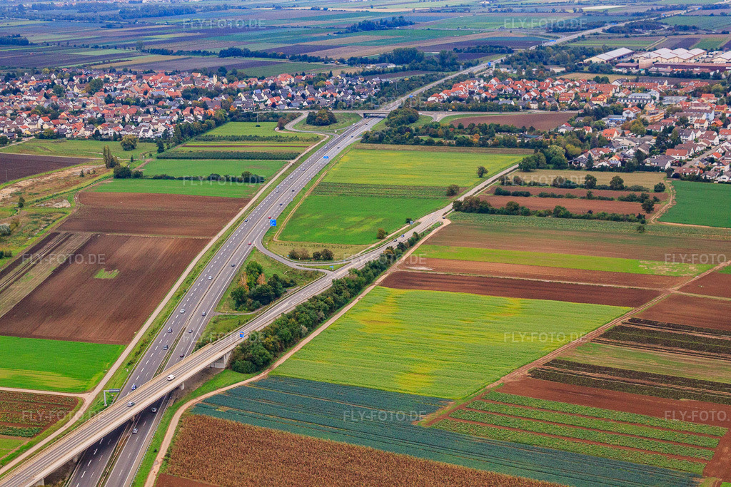 Luftbild: Brücke der L530 über die A65 im Ortsteil Assenheim in Hochdorf-Assenheim im Bundesland Rheinland-Pfalz in Deutschland. Foto: IMG_34181.jpg vom 02.10.2010 durch Werner Riehm/FLY-FOTO.deAuflösung des Originals: 4752 x 3168 px