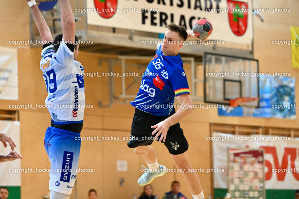 SC Ferlach vs. HC Linz AG 11.10.2023 | #39 HAMZIC Arnad HC LINZ, #35 JURANIC Jura Egon SC Ferlach, SC Ferlach vs. HC Linz AG 11.10.2023, SC Ferlach vs. HC Linz AG am 11.10.2023 in Ferlach (Ballspielhalle Ferlach), Austria, (Photo by Bernd Stefan)