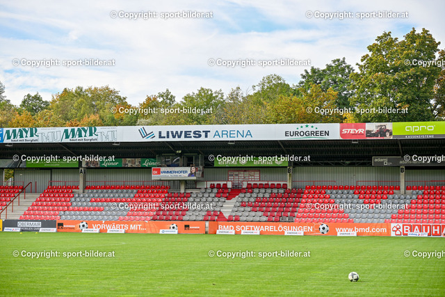 AUT, RLM, SK Vorwaerts Steyr v FC Hertha Wels | 12.10.2024, Liwest Arena, AUT, RLM, SK Vorwaerts Steyr v FC Hertha Wels, im Bild Liwest Arena, Tribuene, Sitzplaetze, Rasen, Spielfeld// Regionalliga Mitte Match between SK Vorwaerts Steyr v FC Hertha Wels in Steyr, Austria on 2024/10/12