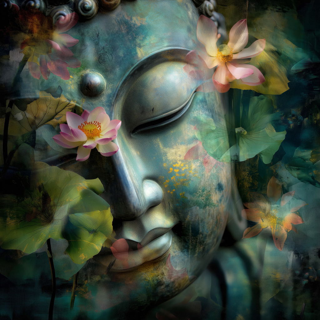 2504016 - Verträumter Buddha | Spirituelles Buddha-Portrait mit floralen Elementen – stimmungsvolle Wandkunst für Yoga-Räume, Praxis oder als Meditationsbild.