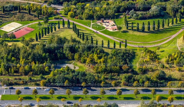 Essen241001070 | Luftbild, Spielplatz, Baumreihe und Gartenanlagen im Krupp-Park, Westviertel, Essen, Ruhrgebiet, Nordrhein-Westfalen, Deutschland