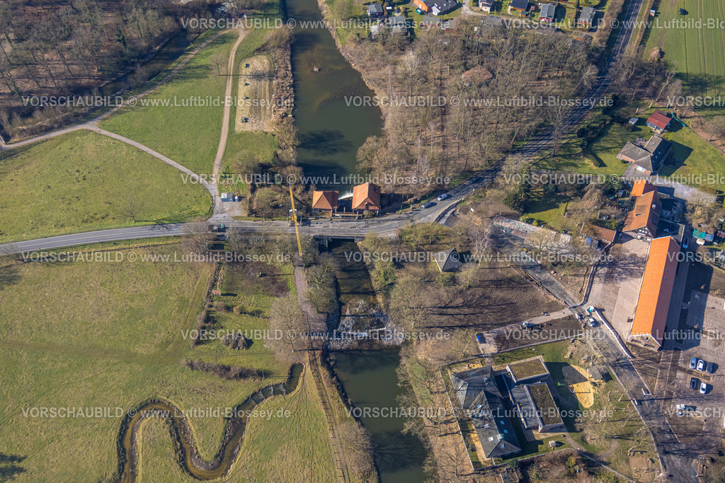 Olfen230206511 | Luftbild, Baustelle Straßenarbeiten an Brücke Kökelsumer Straße mit FuÃƒÆ’Ã…â€™Ãƒâ€¹Ã¢â‚¬Â chtelner MuÃƒÆ’Ã…â€™Ãƒâ€¹Ã¢â‚¬Â hle, Fluss Stever, Olfen-Kirchspiel, Olfen, Münsterland, Nordrhein-Westfalen, Deutschland