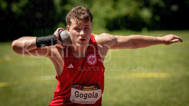 Juniorengala 2026; Mannheim, 13.06.2026 | MANNHEIM, GERMANY - JUNE 13, 2026 : Nicolas Gogola (GER/Eintracht Frankfurt e.V.) competing in the men’s U20 shot put  during the Juniorengala 2026 at Michael-Hoffmann-Stadion on June 13, 2026 in Mannheim, Germany.
