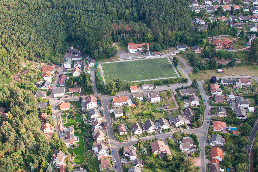Luftbild: Grüner Kunstrasen Fussballplatz im Ortsteil Höningen in Altleiningen im Bundesland Rheinland-Pfalz in Deutschland. Foto: IMG_20343.jpg vom 22.08.2009 durch Werner Riehm/FLY-FOTO.de