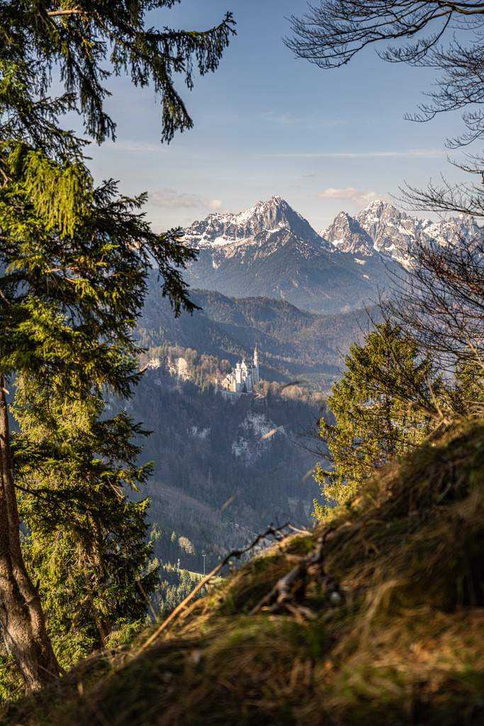 Allgäu Wandbild - Schloss Neuschwanstein mit Berglandschaft | Michael Helmer - Allgäu Bilder auf Leinwand bestellen