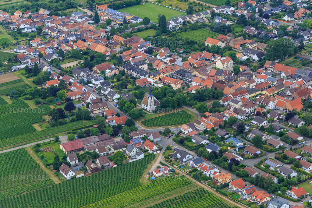 Luftbild: Kirchgasse mit Weinberg vor der Prot. Kirche in Friedelsheim im Bundesland Rheinland-Pfalz in Deutschland. – Foto: IMG_092153.jpg vom 16.07.2016 durch Werner Riehm/FLY-FOTO.de – Auflösung des Originals: 5472 x 3648 px – &nbsp; - Prot. Kirchengemeinde Friedelsheim