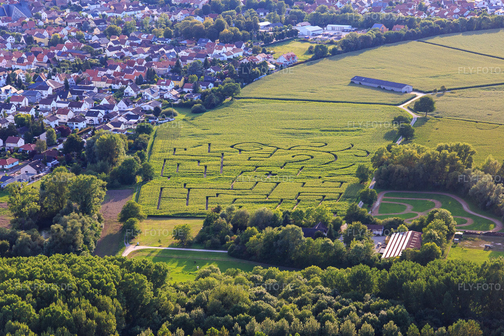 Luftbild: Maislabyrinth am Seehof (Aussiedlerhof) in Leimersheim im Bundesland Rheinland-Pfalz in Deutschland. Foto: IMG_102449.jpg vom 24.08.2017 durch Werner Riehm/FLY-FOTO.deWWW.MAISLABYRINTH-LEIMERSHEIM.DE
