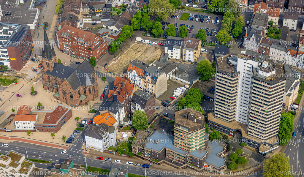 Herne240500373 | Luftbild, Europaplatz mit evang. Kreuzkirche, Hochhaus Wohnturm an der Kreuzkirche, Herne-Mitte, Herne, Ruhrgebiet, Nordrhein-Westfalen, Deutschland