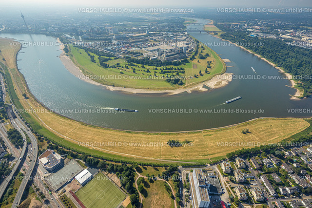 Duesseldorf220700742 | Luftbild, Binnenschifffahrt auf Fluss Rhein und Kraftwerk Lausward, Rheinbogen, Hafen, Düsseldorf, Rheinland, Nordrhein-Westfalen, Deutschland