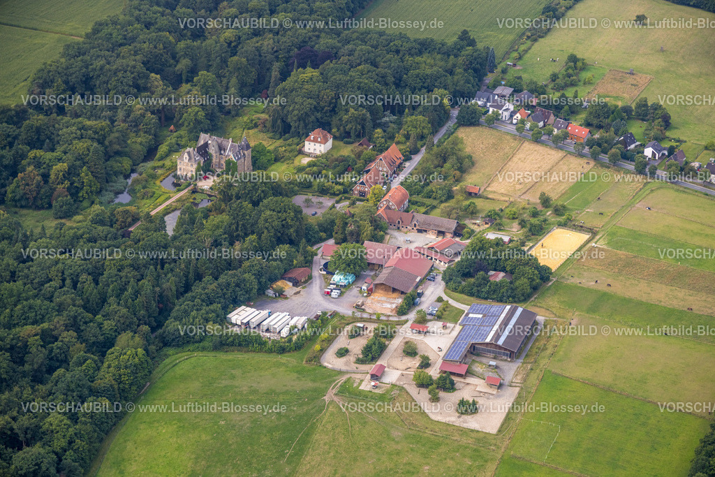Arnsberg250806027 | Luftbild, Landwirtschaftlicher Betrieb Parkpferde Höllinghofen Bewegungsstallanlage, Schloss Höllinghofen Wasserschloss, Voßwinkel, Arnsberg, Ruhrgebiet, Nordrhein-Westfalen, Deutschland