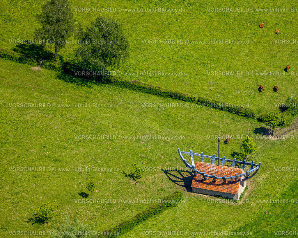 Nieheim240504666BootImHaus | Luftbild, Kuhstall auf einer Wiese mit Boot auf und im Haus als Kunstwerk vom Künstler Ilan Averbuch, NSG Naturschutzgebiet Hinnenburger Forst mit Emder Bachtal mit Wiesen und Feldern, Erwitzen, Nieheim, Ostwestfalen, Nordrhein-Westfalen, Deutschland