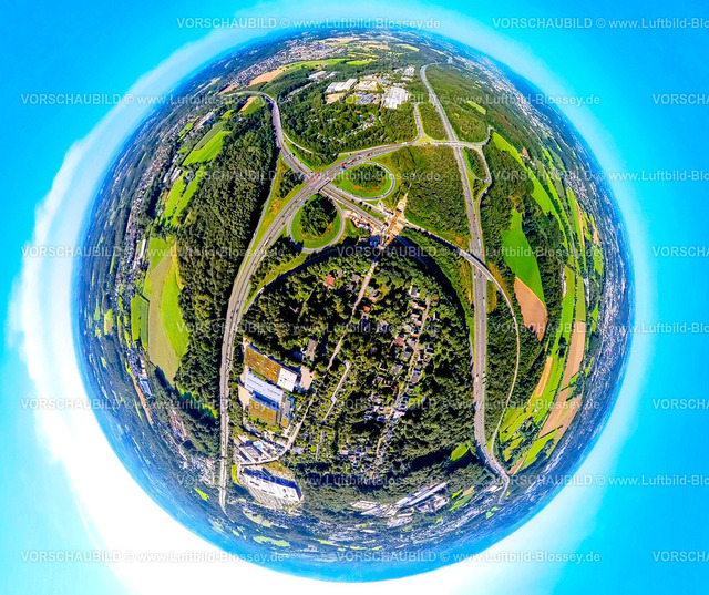Sprockhoevel240890639Hasslinghausen_A1_A43_A46 | Luftbild, Autobahnkreuz Wuppertal-Nord, Autobahn A1 und A43 und A46, Neubau der Brücke Eichenhofer Weg, Wiesen und Felder, Erdkugel, Fisheye Aufnahme, Fischaugen Aufnahme, 360 Grad Aufnahme, tiny world, little planet, fisheye Bild, Halloh, Sprockhövel, Ruhrgebiet, Nordrhein-Westfalen, Deutschland