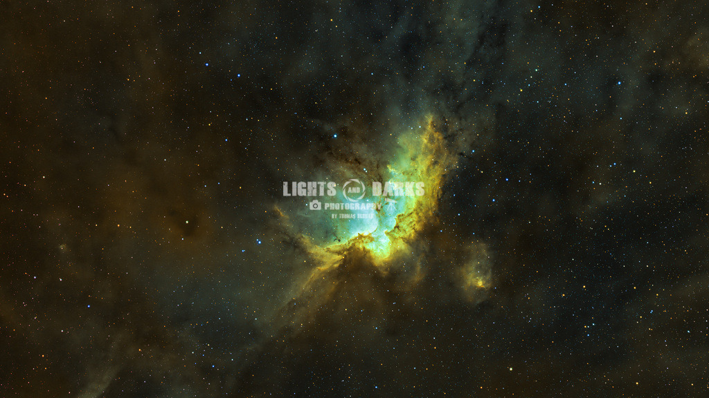 The wizard of the universe | The Wizard Nebula is a collection of interstellar gas surrounding the open star cluster, NGC 7380. It lies approximately 7200 light-years away from Earth in the constellation Cepheus and is located in the Perseus Arm of the Milky Way. See my second image where it is in the Milky Way!

SHO image (the so called Hubble Palette, because the famous telescope takes pictures this way). So Sulphur is put into the Red Channel, Hydrogen into the Green Channel and Oxygen into the Blue Channel. The Channels where shot with Narrowband Filters and a Mono-Astrocam. The stars are shot with RGB-Filters and the same Mono-Astrocam.
Total Integration Time 10hours 40 minutes with a fast f2.2 telescope at 620mm focal length. - Realisiert mit Pictrs.com