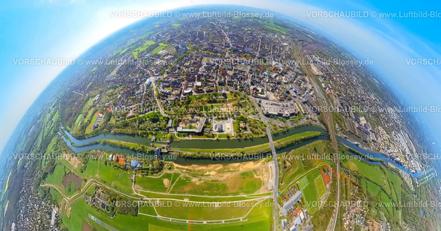 Hamm230490017Lippestrand-topaz | Luftbild, City, Lippestrand Erlebensraum Neugestaltung, Fluss Lippe und Datteln-Hamm-Kanal, Erdkugel, Fisheye Aufnahme, Fischaugen Aufnahme, 360 Grad Aufnahme, Mitte, Hamm, Ruhrgebiet, Nordrhein-Westfalen, Deutschland